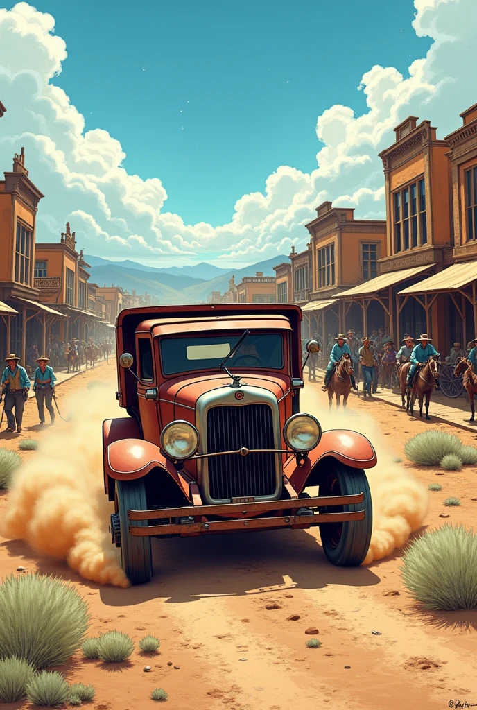 Comic color hyperrealistic look 1900s in the wild west a rusty farm truck goes down the road in the background you can see the city
