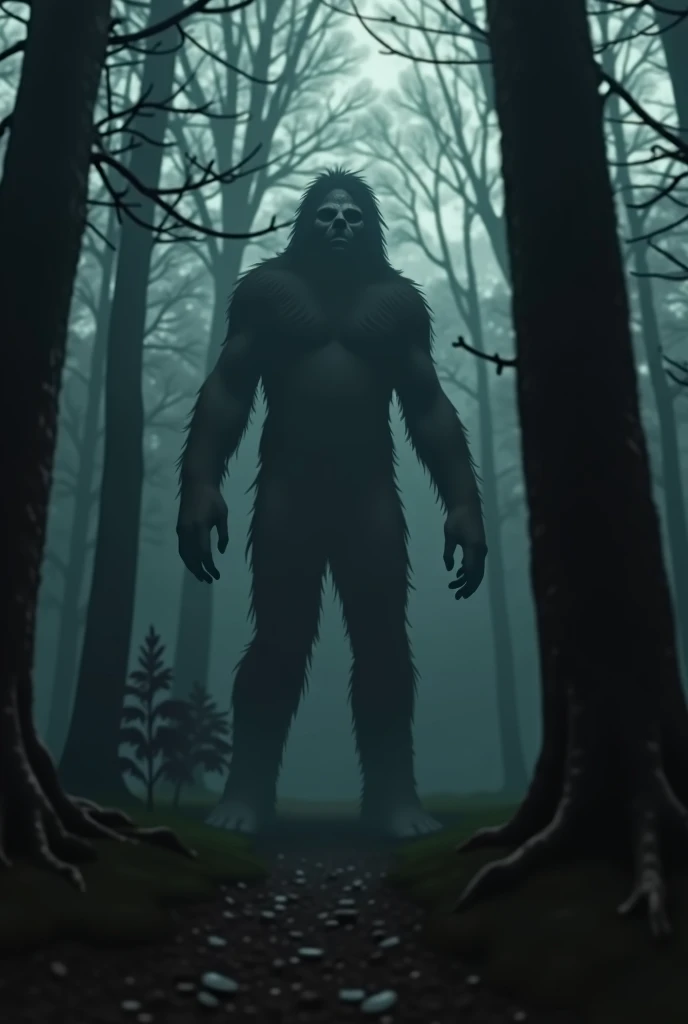 tall creature, hairy body, he has a fleeting face and this is a forest at night, he didn't notice the camera, he is far away between the trees, the image is blurred and shaky, the creature has big hands, scary art style and old