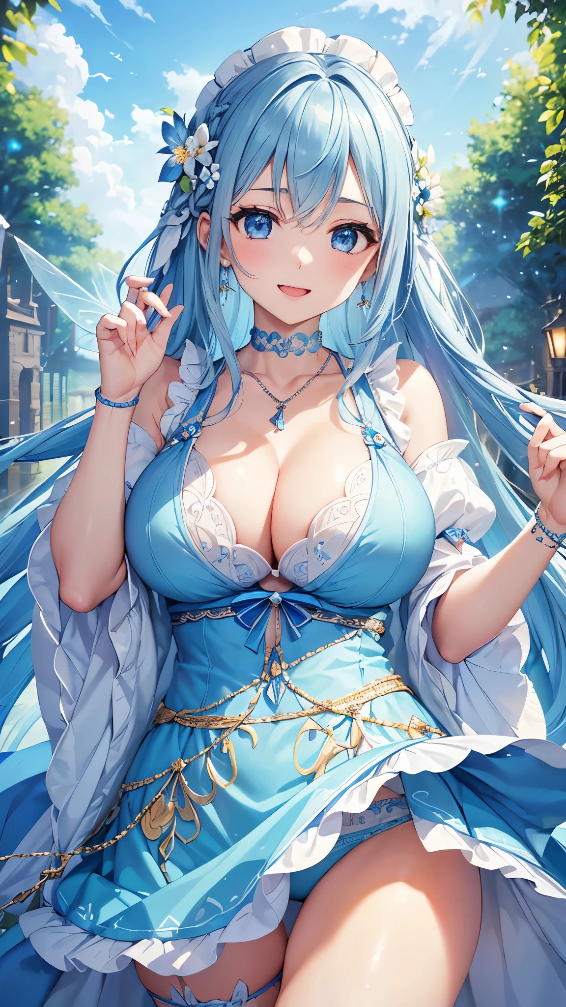 Highest quality、Highest quality、masterpiece、(8k resolution),beauty(Age 25)、(Mature Appearance)、Light blue long hair(Braiding of the sides)、blue eyes、(Light blue underwear with detailed embroidery、good)、(Fairy)、Big cleavage、((Super big breasts))、smile、blue necklace、Blue Earrings、background(flower)、Please open your mouth wide、Dynamic pose、Blue choker、