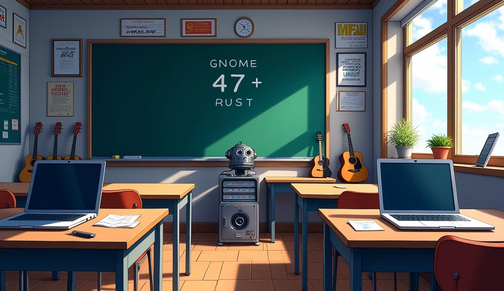 a Japanese school class with bright colors. the class is empty without any student and there arent any windows; no windows, night, there are 2 laptops that run linux, and a server rack, some classic guitars, and an unfinished robot. there is a green board that writes "GNOME 47 + RUST, anime style