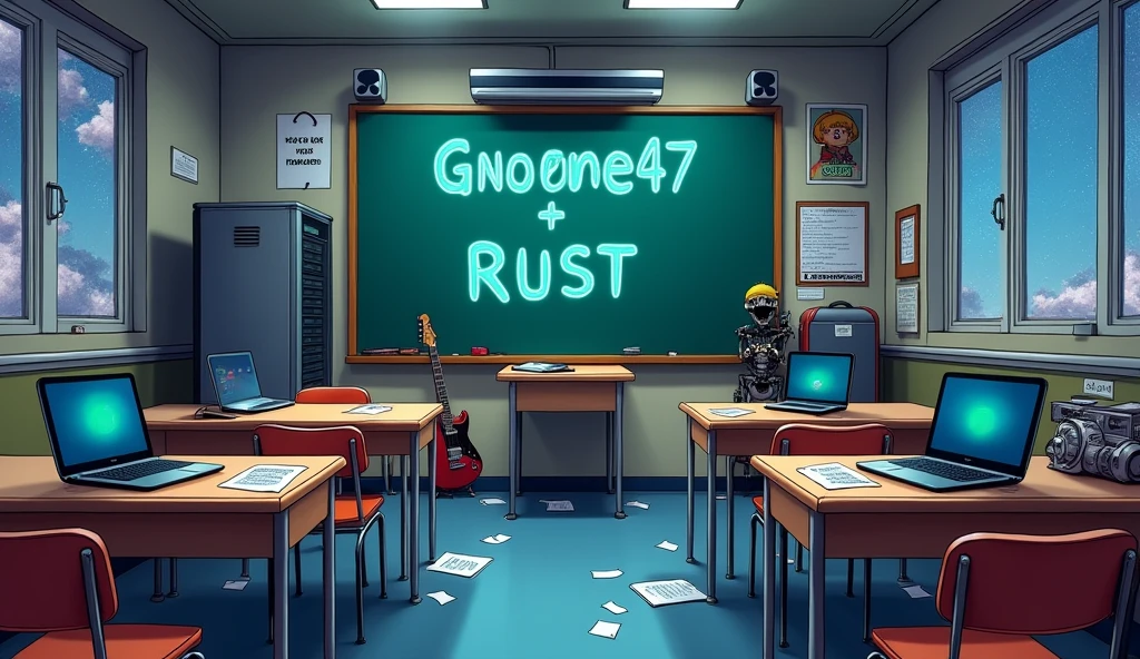 a Japanese school class with bright colors. the class is empty without any student and there arent any windows; no windows, night, there are 2 laptops that run linux, and a server rack, some classic guitars, and an unfinished robot. there is a green board that writes "GNOME 47 + RUST, anime style