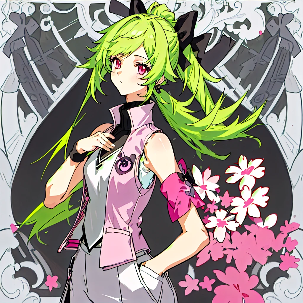 vibrant colors, sharp focus, portrait, clouseup shot, masterpiece, hight detail, (SH3_Heather, heather mason, cheryl mason, solo, videogame character, ((white vest with pockets, sleeveless,black turtleneck, black bow on her chest)), Genshin Impact, 1girl, female, in one'seighteen woman, teenager, soft skin,long green hair, front hairbangs, white vest, reddish pink eyes, detailed face, beautiful, attractive, bare neck, bare shoulders),