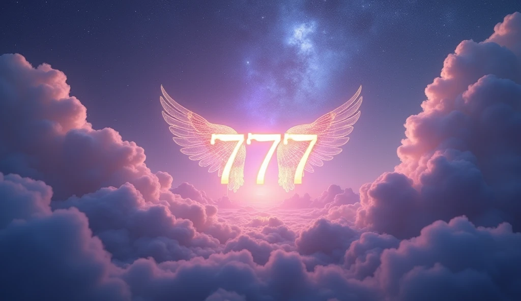 Create a mystical and ethereal scene with the angel number "777" glowing softly in the center. The background should be a dreamy blend of purples, blues, and soft whites, filled with swirling clouds, sparkling stars, and gentle light rays. The atmosphere should feel magical and serene, with the number "777" appearing divine and celestial, surrounded by subtle, glowing light. The overall composition should evoke a sense of tranquility and spiritual connection, as if the viewer is gazing into a heavenly realm.