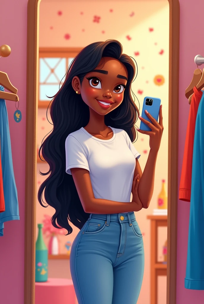 Disney-type drawing of a thin dark-skinned girl with long, half-straight hair, Brown eyes, right nose piercing, dressed in jeans and a t-shirt, with an iPhone in hand,stop in the fitting room of your store