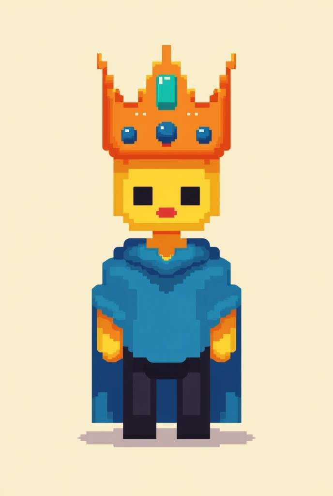 "A pixelated character in a retro 8-bit art style, representing a yellow humanoid figure. The character wears a vibrant blue tunic with dark black pants, giving a royal yet simplistic appearance. On the character's head is an orange crown adorned with three distinct gems—one turquoise in the center and two deep blue ones on the sides, symbolizing royalty. The crown has sharp, pixelated edges, contributing to the blocky aesthetic. The character’s face is minimalistic, with tiny, black, square eyes, a simple red horizontal line for a mouth, and a slightly tilted head, suggesting a thoughtful expression. The hands are slightly clenched, indicating readiness or confidence. The scene is set against a plain, light background, allowing the character's bright colors and distinct design to stand out. The overall atmosphere of the image evokes a sense of nostalgia, reminiscent of classic 1980s or early 1990s video game sprites, where each pixel plays a crucial role in defining the character's unique persona."