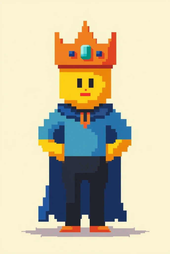 "A pixelated character in a retro 8-bit art style, representing a yellow humanoid figure. The character wears a vibrant blue tunic with dark black pants, giving a royal yet simplistic appearance. On the character's head is an orange crown adorned with three distinct gems—one turquoise in the center and two deep blue ones on the sides, symbolizing royalty. The crown has sharp, pixelated edges, contributing to the blocky aesthetic. The character’s face is minimalistic, with tiny, black, square eyes, a simple red horizontal line for a mouth, and a slightly tilted head, suggesting a thoughtful expression. The hands are slightly clenched, indicating readiness or confidence. The scene is set against a plain, light background, allowing the character's bright colors and distinct design to stand out. The overall atmosphere of the image evokes a sense of nostalgia, reminiscent of classic 1980s or early 1990s video game sprites, where each pixel plays a crucial role in defining the character's unique persona."