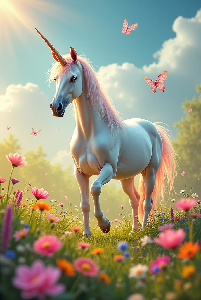 Unicorn With grass and flowers in every color of the rainbow.