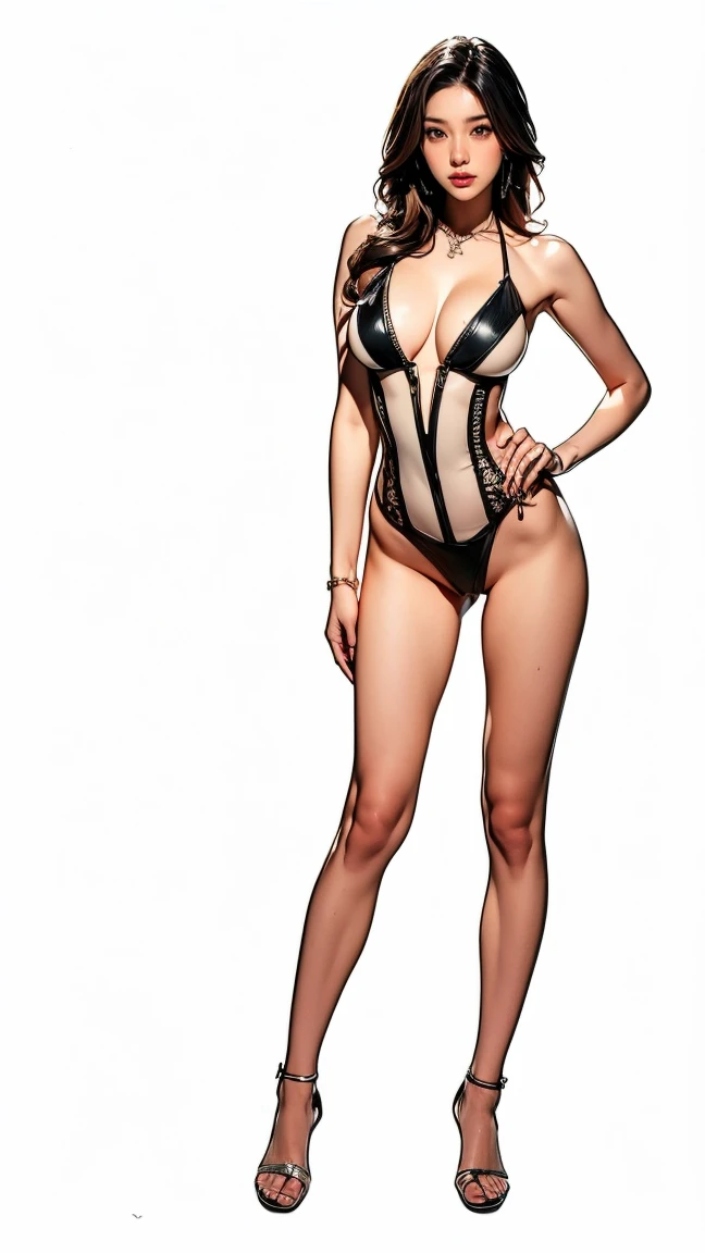 nsfw, ((best quality,8k,highres,masterpiece:1.2)),((character concept art)), 1 female, age 34. Known for her vivacious personality and strong sense of responsibility, Yumi embodies the role of a dynamic and captivating single mother and manager at an upscale hostess club. Her body language is as commanding as her looks, always exuding confidence and charm. (((She is wearing Sexy Monokini Deep V One Piece Semi Thong Bikini Backless Cheeky Swimwear, ankle jewelry))), carrying her ensemble with an air of unapologetic confidence. Her accessories include a Chanel pendant necklace that rests just above her chest. ((intricate detail)), super finely detailed hands, ultra finely detailed fingers(((ten fingers))), (standing confidently), (full body showcase), (show full body), (no logos on background), (no logo), ((plain background)), ((plain background)), (((empty background))).