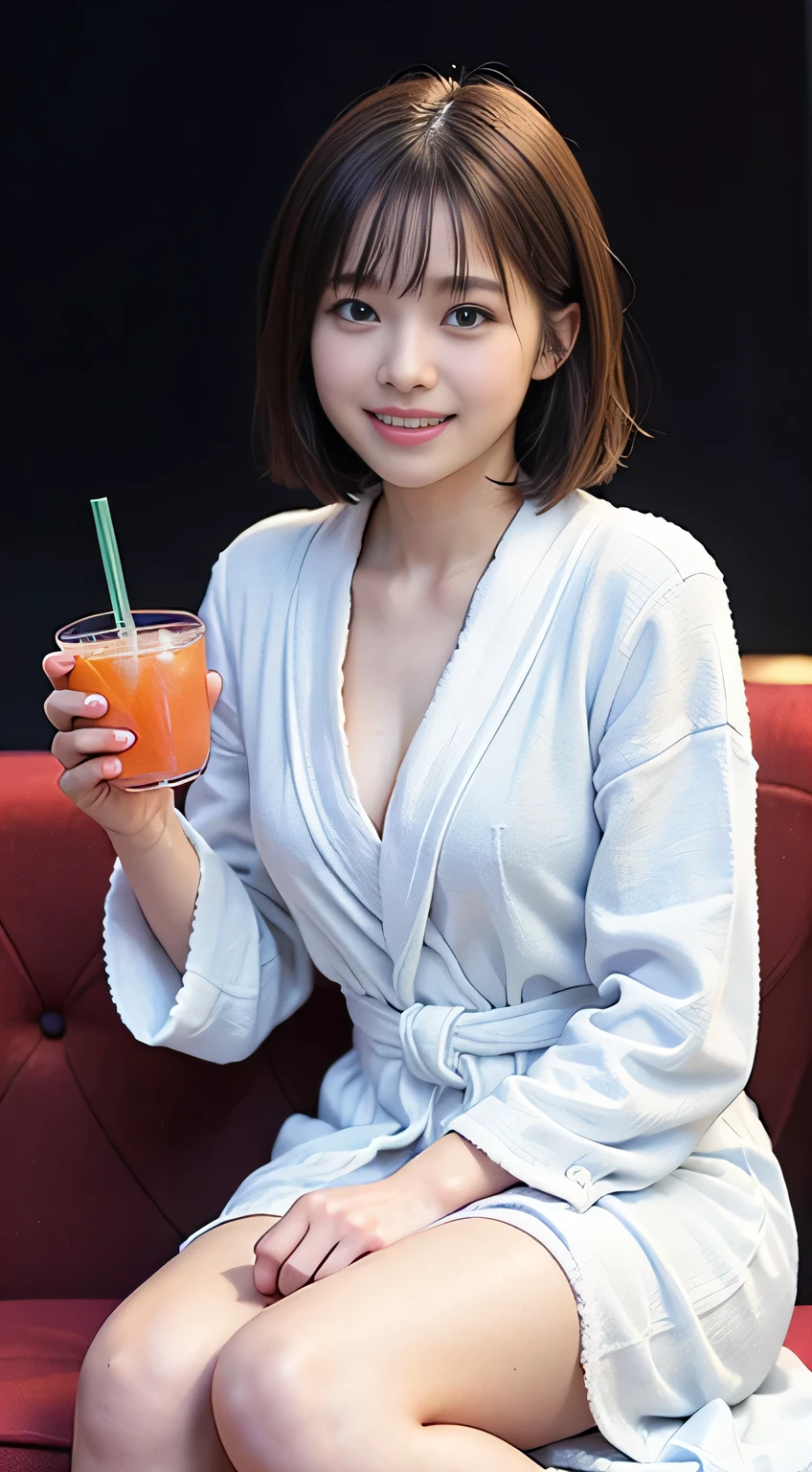 (Tabletop, Highest quality:1.4), beautiful face, 8k, 85mm, Absurd, ((Dark hotel bedroom))、(Wearing a thick white bathrobe:1.4), ((Cowboy Shot:1.5))、((Shooting from below:1.4))、((Small breasts:1.4))、Viola Lace, Gardenia, Delicate, alone,(((With her hair cut extremely short:1.5)))、((Sitting on a red sofa:1.4))、((Drink juice:1.4))、night, Looking at the audience, Upper Body, Film Grain, chromatic aberration, Sharp focus, face light, Professional Lighting, Sophisticated, (she looked at me with a smile:1.4), (Simple Background, Background blur:1.2), face、