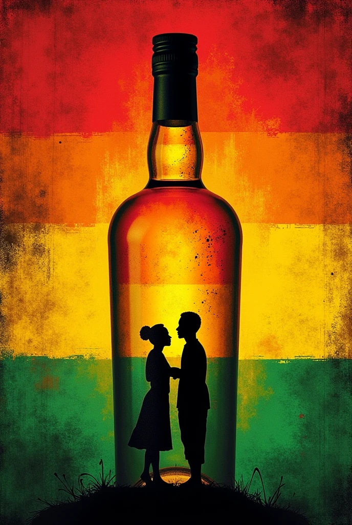 Liquor bottle label with space for lettering and branding with 2 black silhouettes of Afro-Bolivian people in black clothing. The size of the silhouettes should be small, with predominant colors being red, yellow and green. 