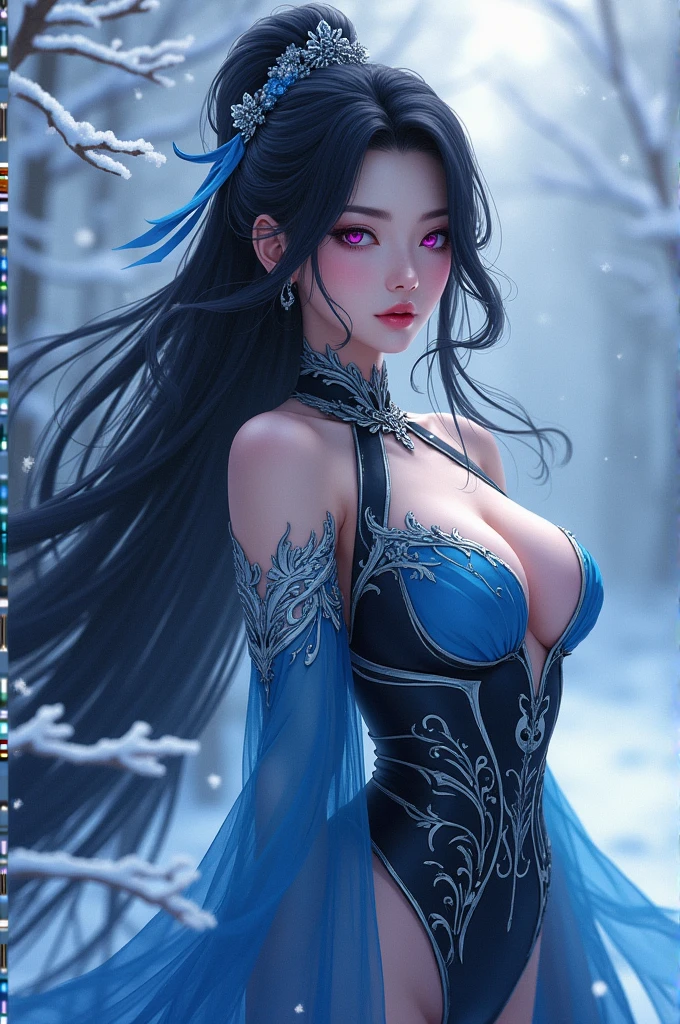 generate me a genshin impact character, she’s cryo user, she has black hair and pink eyes, her clothes is mature and elegant, using a blue/black/white colors, her hair is also pretty long