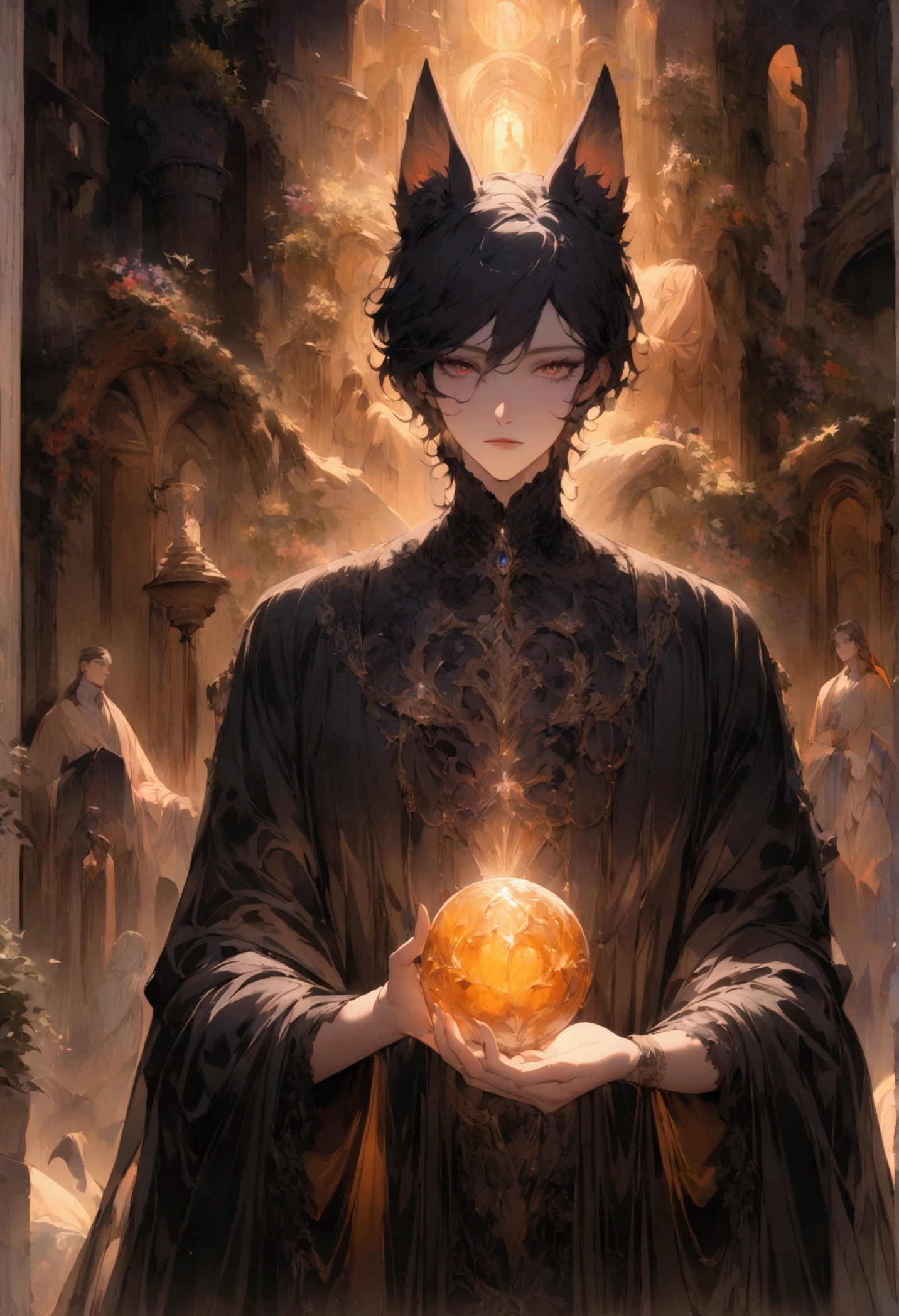 in backgoround, create a giant caramel-color Wolf, like an aura. in front, create a male misterious Person, with dark glass os drink in his hand.