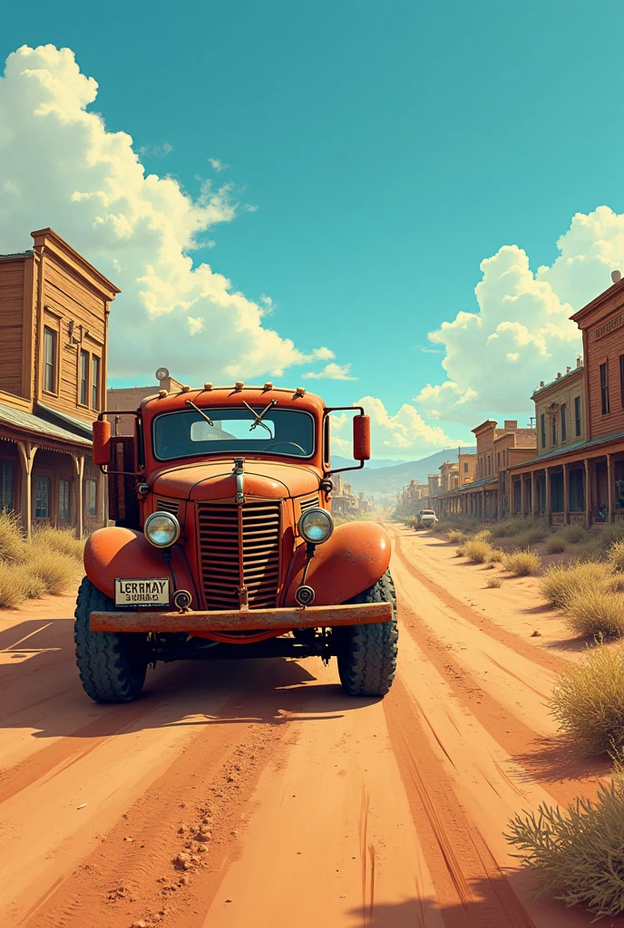 Comic color hyperrealistic look 1900s in the wild west a rusty farm truck goes down the road in the background you can see the city