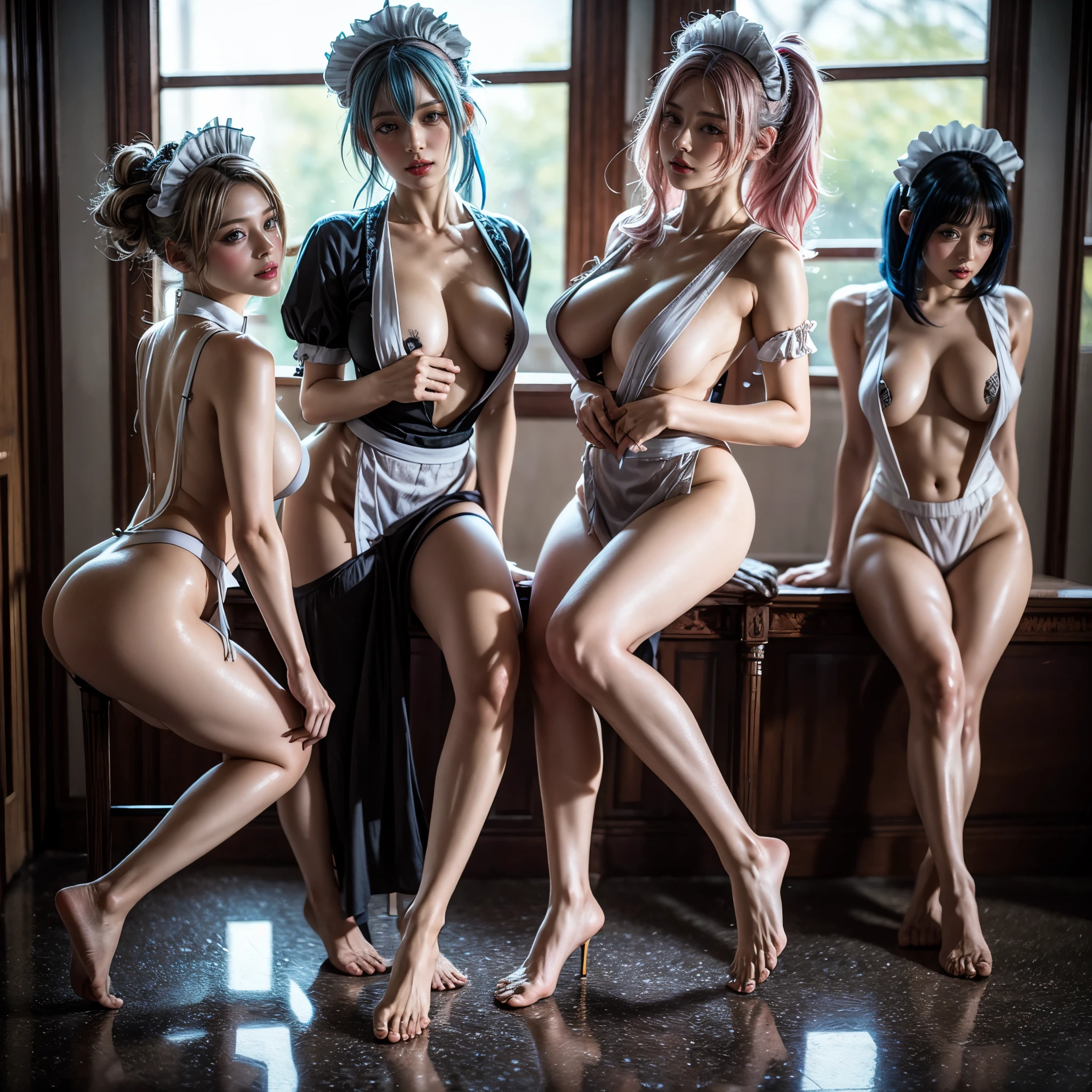 (Full Body of Extremely Detailed((Sexy Maid Group in a row:1.37))), KAWAII perfect face, Reflective Eyes, Detailed(Delicate Clothing textures), Correct Leg Line, Dynamic Joyful Expressions LifeLike Rendering, Specular Reflection, TopQuality 8K Ultra-detailed masterpiece (ProfessionalPhoto:1.37), (Acutance:0.8), (Luminism:1.28), (Renaissance art style), Colorful Light particles, ((Full body from side)), {Kissing|Thigh Gap|AssFocus|(NakedApron with Overflowing SideBoob)}, Radiant Fine Skin with Transparency, (Exposed:0.4), (Different types of Anime hair color){Pink Hair|Blue Hair|Platinum Blonde|Pure White Hair|Liquid Hair}, Perfect Lighting 