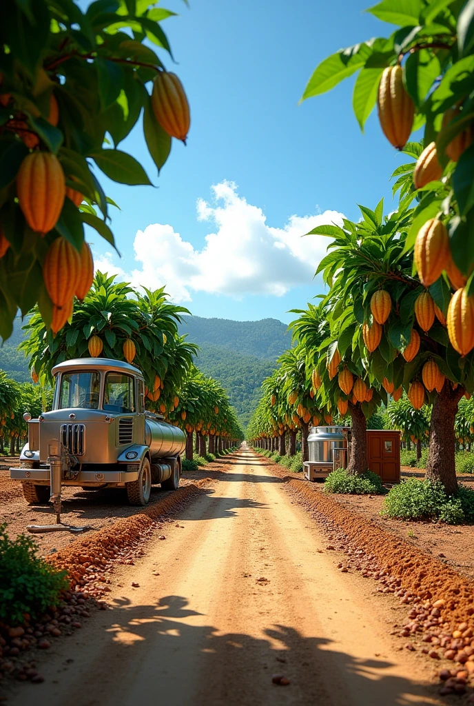 create an illustrative image that represents a cocoa farm with the following characteristics: Cocoa trees, cocoa trees with ripe fruits, grain harvesting equipment, a place for fermenting and drying cocoa beans, an area for grinding grains, and machines for truffle production, Easter eggs, panettones and chocolates. Also add elements that show a clean and organized environment., as what would be ideal on a farm that values quality.
