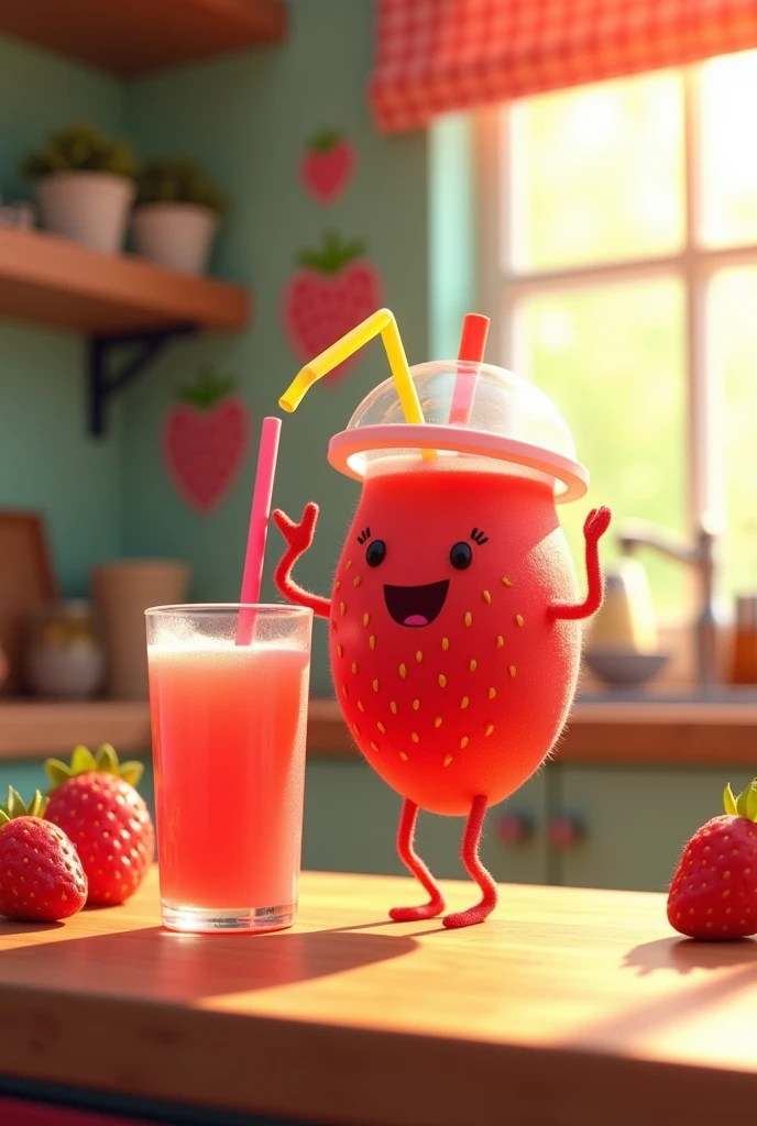 Animated strawberry juice glass with feet and arms drinking a glass of juice with dome lid 