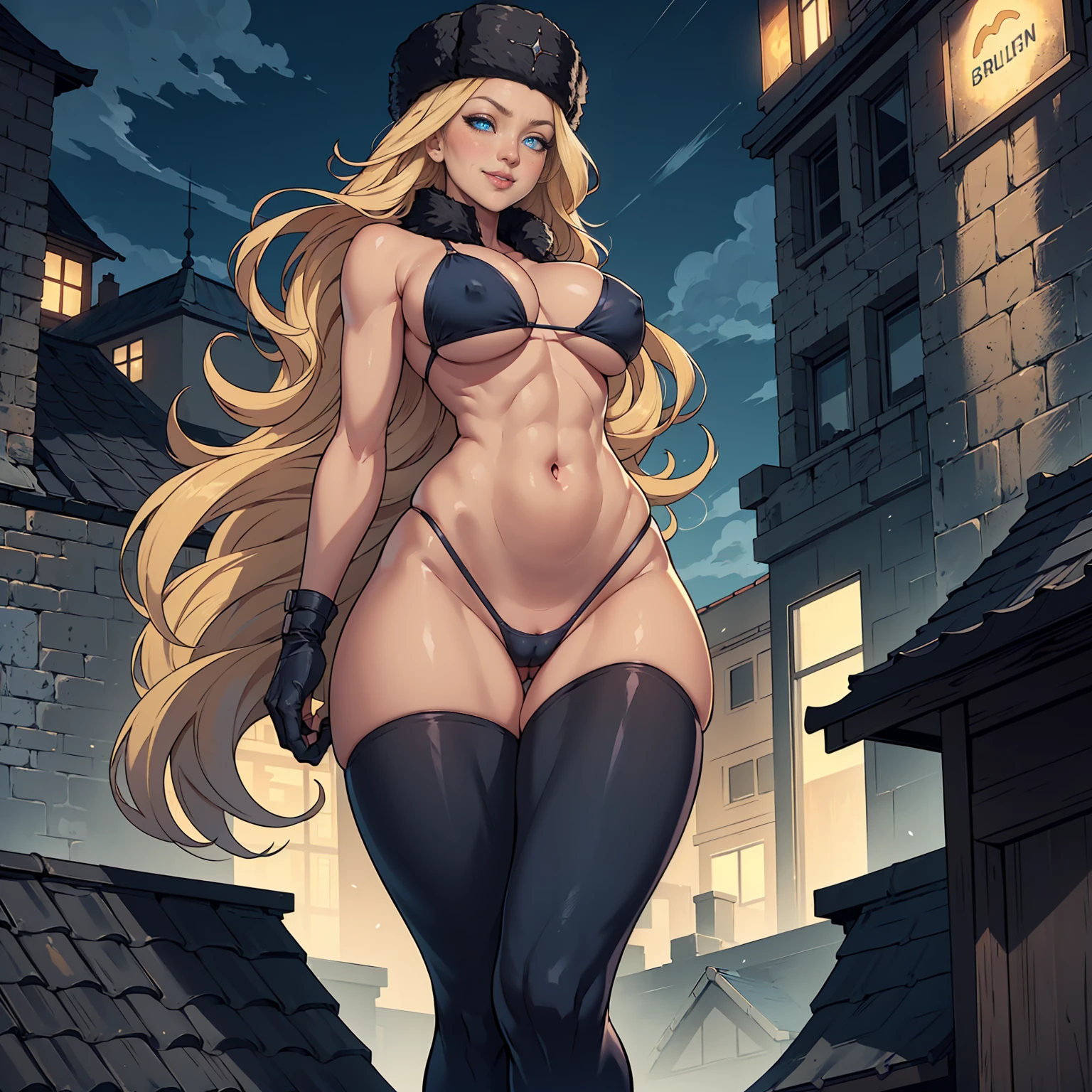 ((solo,1woman, mature, alone))), kolinms, ((long blonde hair, glowing blue eyes, wide eyes, makeup, narrow waist, skinny, medium breasts)), pelvic curtain, ((black bikini, hat)), full body, perfect body, (insanely detailed, beautiful detailed face, masterpiece, best quality), (extremely detailed 8k paper CG wall unit: 1.1), (rooftop settings, ofuro, city, dusk), (smile face for the viewer), from below, cameltoe view,