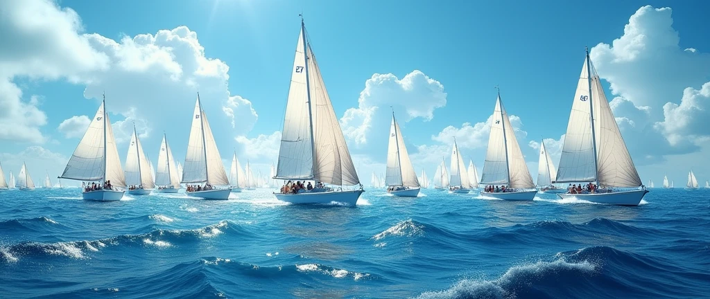tens of small boats with white sail the middle of no where in the sea 
