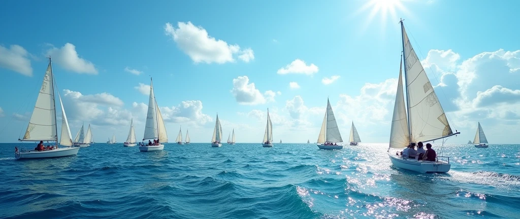 tens of small boats with white sail the middle of no where in the sea 
