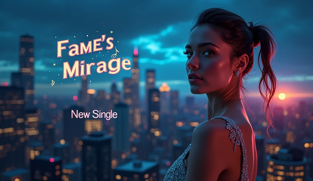 For the YouTube thumbnail and cover of the song “Fame's Mirage,” design a striking urban backdrop with a city skyline at twilight, creating a dramatic and moody atmosphere. In the foreground, feature a realistic, slim, and beautiful female singer with lifelike details, capturing her allure and emotional depth. Her expression should convey a mix of allure and introspection, reflecting the song's themes. Position her near a broken mirror reflecting a bright spotlight, symbolizing the illusion and fleeting nature of fame. Use a color palette of deep blues and purples with bright highlights to enhance the dramatic and emotional tone. Display the title, “Fame's Mirage,” in a bold, modern font, and add a subtitle like “New Single” or “Official Video” in a smaller, stylish typeface. Incorporate elements such as a microphone and musical notes into the cityscape, blending seamlessly with the realistic image of the singer to emphasize the urban and melodic feel of the cover.