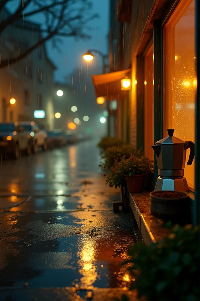 A quiet, deserted street at night in a lo-fi aesthetic, with soft, warm streetlights reflecting off the wet pavement. Rain gently falls, creating a cozy, shimmering ambiance. In the background, a vintage coffee maker is subtly illuminated by the ambient light, adding a nostalgic and inviting touch to the serene, rainy scene.