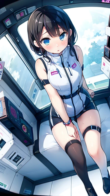 (Highest quality), (masterpiece), 1080P, High resolution, 4K, 8k, Inside the space station、Futuristic room、Thigh straps, Shooting from directly below, The woman on top of me, 白いSweat, Covered , Sweat, Woman looking down, Skirt swimsuit, Thigh-high socks, To achieve this, , , whole body, Black leather shoes, Braided hair, Inner Color, Embarrassed face, Short black hair, bracelet, Bedroom,celestial body_Vest