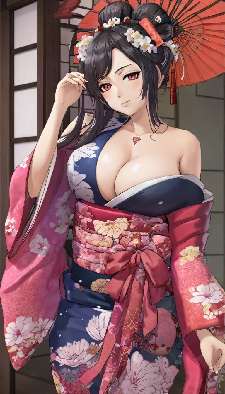 1girl, 独奏, oni girl, kimono, large breasts, gorgeous kimono, bare shoulders, ((Cleavage)), Oiran, Oiran風の着物,