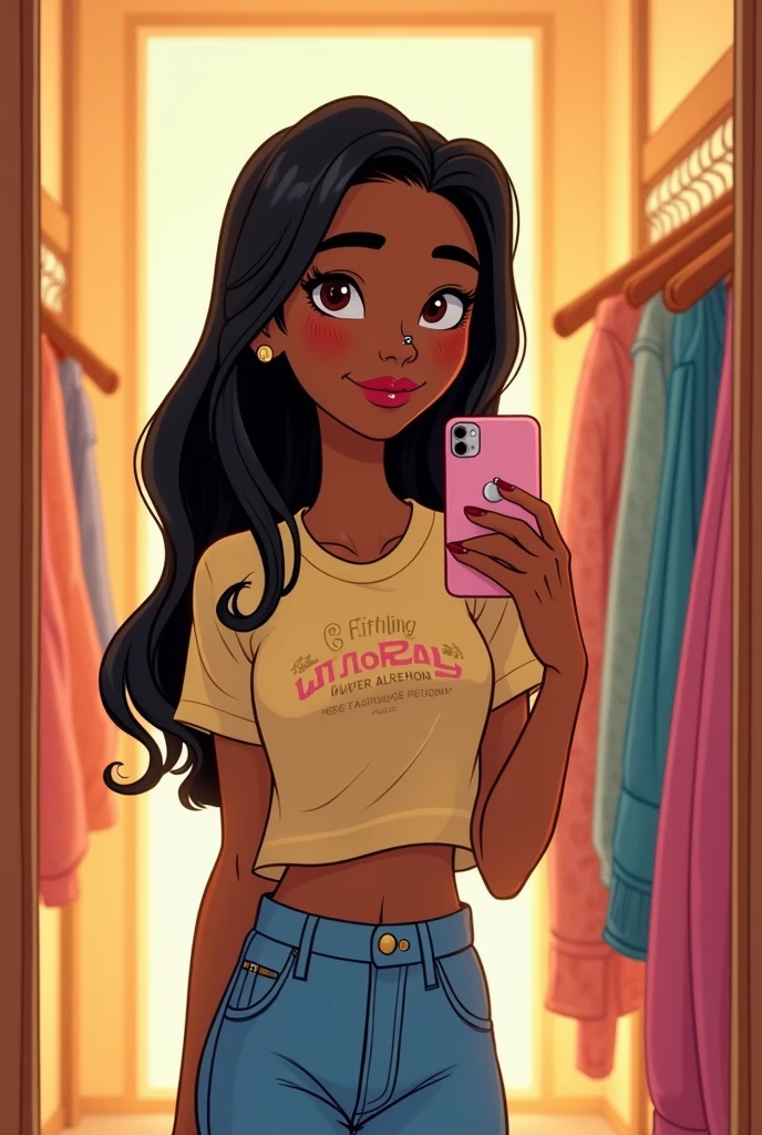 Disney-type drawing of a thin dark-skinned girl with long, half-straight hair, Brown eyes, right nose piercing, dressed in jeans and a t-shirt, with an iPhone in hand,stop in the fitting room of your store