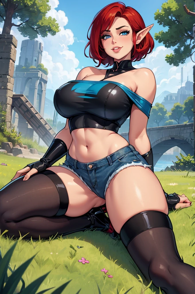 1girl, female mature elf, curvy body build, short red hair, blue eyes, white off shoulder tee shirt, stomach showing, blue denim mini shorts, black stiletto high heels, black leather thigh high stockings, seductive smile, seductive pose, laying on grassy field, butt sticking outwards, full pouty lips, front view, head tilted towards viewer