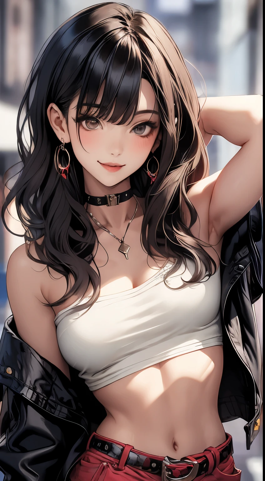 masterpiece, highest quality, pixiv, cooles Girl, the strongest pirate girl, topless, Lips in love, dark brown hair, Curly hairs, blunt bangs, straight bangs, gray eyes, White skin, Girl, improve,Looking at the viewer, smile,