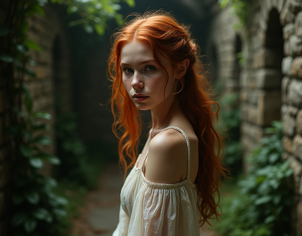 red-haired girl, looking at side, Close by. Translucent dress, revealing the breasts. &quot;Detailed. freckles, Rustic dress. provence. retro photography, David Hamilton Style, dark environments , Castle Scenery , Analog photography. 