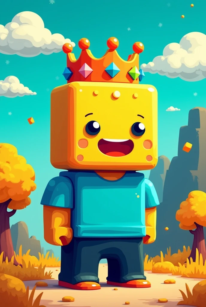 "A pixelated character in a retro 8-bit art style, featuring a yellow humanoid figure wearing a blue shirt and black pants. The character has an orange crown with blue and green gems on their head. The overall appearance is blocky, with simple facial features, including small black eyes and a red mouth. The image has a nostalgic, video game-like quality, reminiscent of classic 1980s or early 1990s sprite designs."