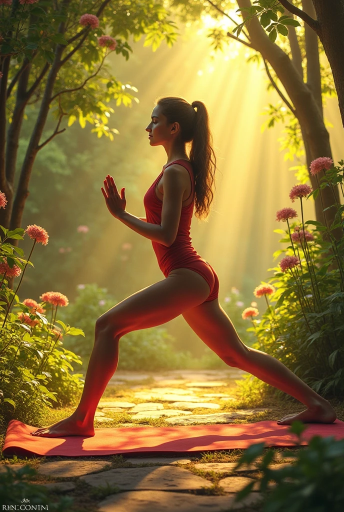 Create an image of a young woman in the Runner's Lunge yoga pose. Her right leg is bent forward with the knee directly above the ankle. Both of her hands are placed on the ground, one on each side of her right foot, with her palms flat on the mat. Her left leg is fully extended straight back, with the toes of her left foot firmly planted on the ground. The setting is a peaceful, sunlit garden filled with lush greenery and vibrant flowers. The style of the image is similar to a Tarot de Marseille card, with intricate details and a mystical atmosphere