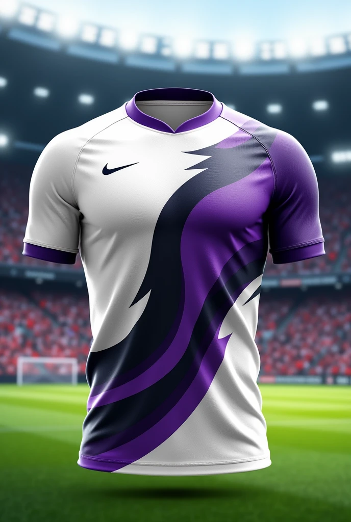 A sports jersey with a white base color and black and purple designs