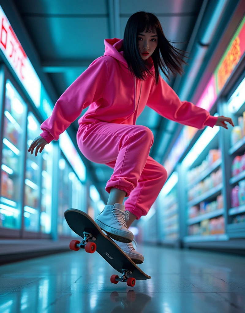 ultra-realistic, photorealistic, dramatic scene, shadow, global-illumination, (20 years old Japanese famous idol girl:1.5), Unconventional roller skating alone at cyber punk futuristic supermarket, dynamic angle, acrobatic pose, masterpiece, (face focus:1.6), beautiful eyes, Dressed neatly but cyber punk neon suits, very large breasts, beautiful face,