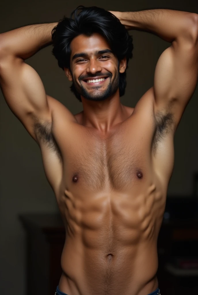 Indian Full Nude Men, Age 19, White body colour,  Smile, black hair,  sexy Hairy Chest with pink bold nipples, abs, 14 inches  biceps hands up open hairy armpits, pubic hair, Holding uncut 7 inches Dick, pink long balls,  hairy legs