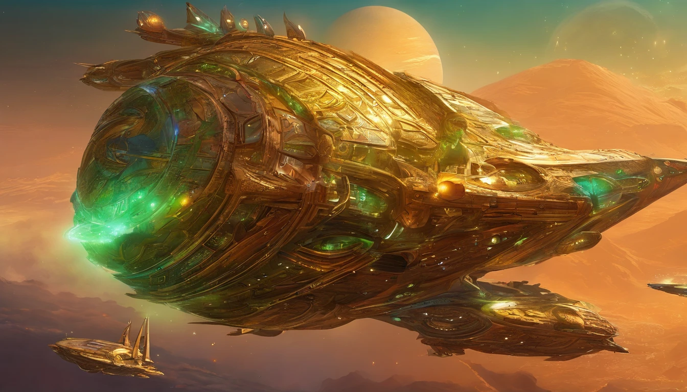 A starship,very intricate details, aesthetic.The ship is adorned + reddish gold royalistic details, green gears, levers, exact patterns, contrasting + its platinum gold body.Background has stars, ships, & gigantic Earth-type planet.750k UHD 4D. Styles of Michael Straczynski, & Matt Jeffries.A starship,very intricate details, aesthetic.The ship is adorned + reddish gold royalistic details, green gears, levers, exact patterns, contrasting + its platinum gold body.Background has stars, ships, & gigantic Earth-type planet.750k UHD 4D. Styles of George Lucas, Stephen J. Cannell, & Steven Bocco.Hyperrealistic, vibrant bright diamond bus train combo.
