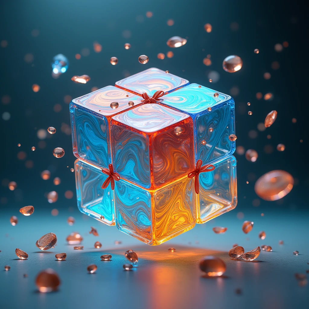 Create an image of a disassembled cube with small pieces tied in two., 3 and 4 are floating, Some parts of the cube are left complete with different colors that appear to move.., that, Interpret the cube assembly.