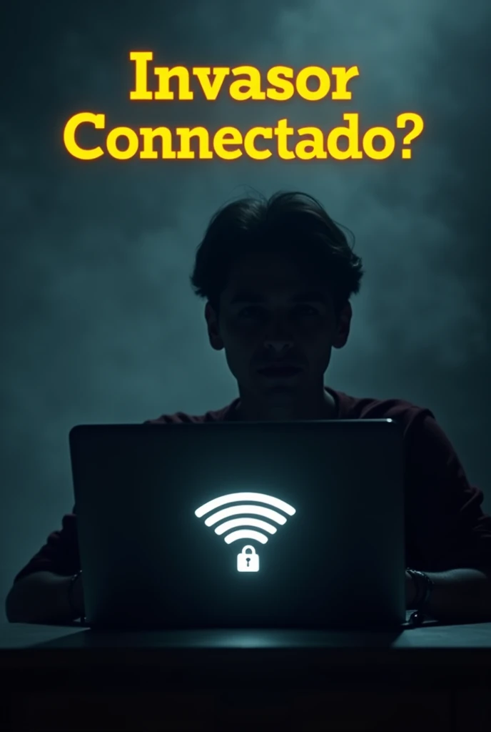 Create a dark background using shades of gray or dark blue to evoke mystery and alertness; position the silhouette of a person from the side, slightly tilted, with their face turned toward a laptop, in black or dark gray to stand out against the background; place the open laptop in front of the person, with the screen visible in profile, and add a Wi-Fi icon on the screen; over the screen or near the silhouette, add a Wi-Fi icon in white or light blue to contrast with the dark background; next to the Wi-Fi icon, insert a small broken padlock in red or orange to suggest an insecure connection; place the text "Invasor Conectado?" in Portuguese at the top of the thumbnail in a bold, easy-to-read font, in colors like white or yellow; make sure the image is in a 16:9 format; add a slight glow around the silhouette or the Wi-Fi icon to make them stand out more; insert a small yellow alert triangle with an exclamation point in a corner of the thumbnail to increase the sense of urgency; adjust the contrast and clarity of all elements to ensure the message is clear and attractive, even in a reduced size.