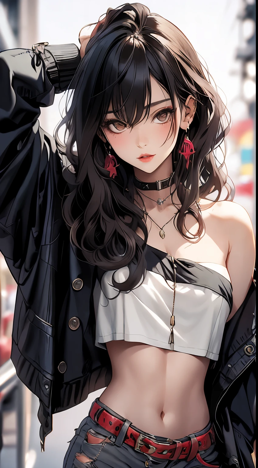 masterpiece, highest quality, pixiv, cool girl, the strongest pirate girl, topless, lips in love, dark brown hair, curly hair, dull bangs, straight bangs, gray eyes, white skin, gal, Improve
