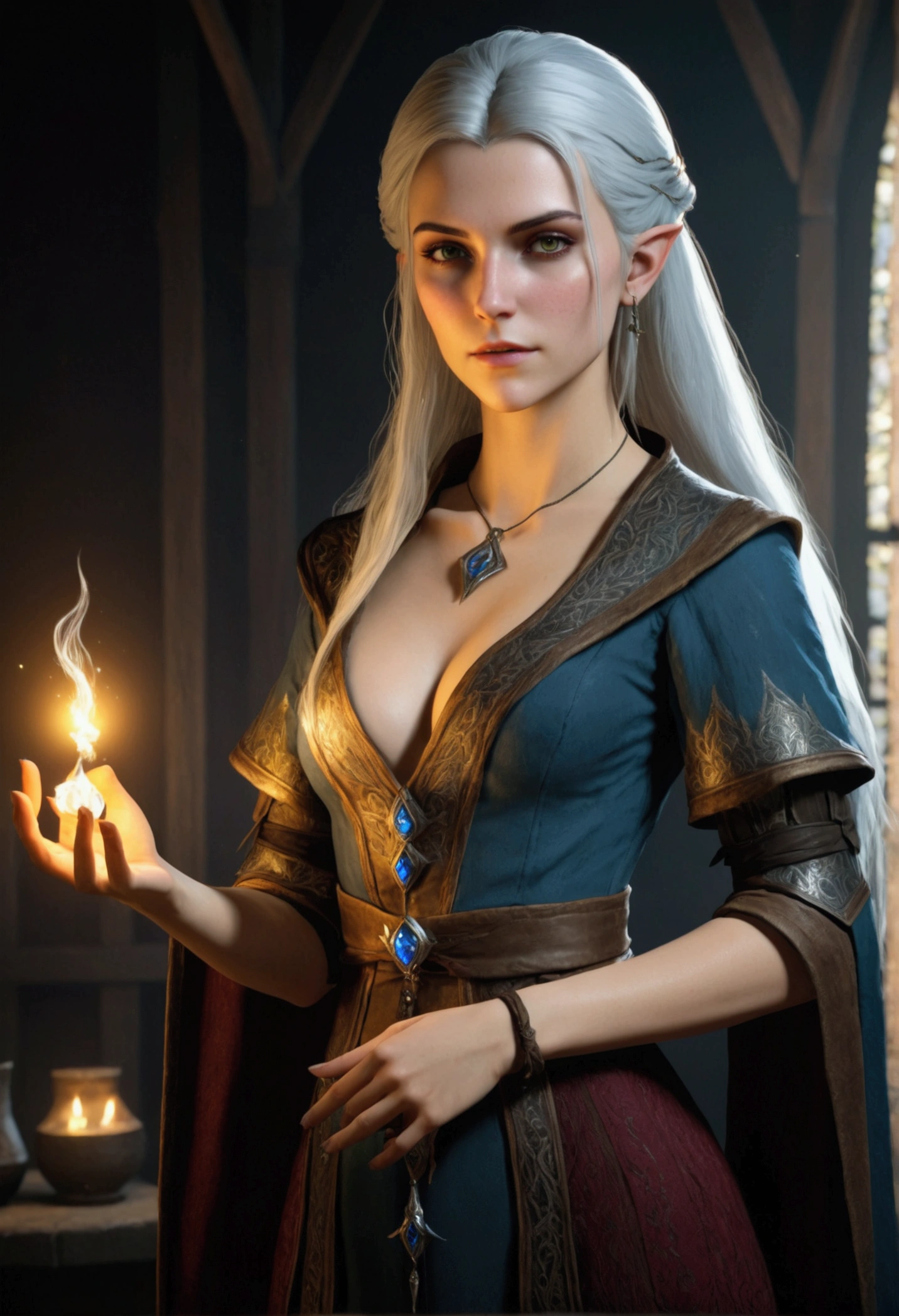 beautiful, slim, Young, sexy sorceress in the Witcher universe with aristocratic clothes. full height and with magic 18+ naked