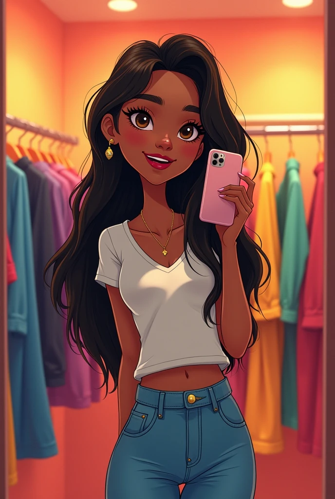 Disney-type drawing of a thin dark-skinned girl with long, half-straight hair, Brown eyes, right nose piercing, dressed in jeans and a t-shirt, with an iPhone in hand,stop in the fitting room of your store