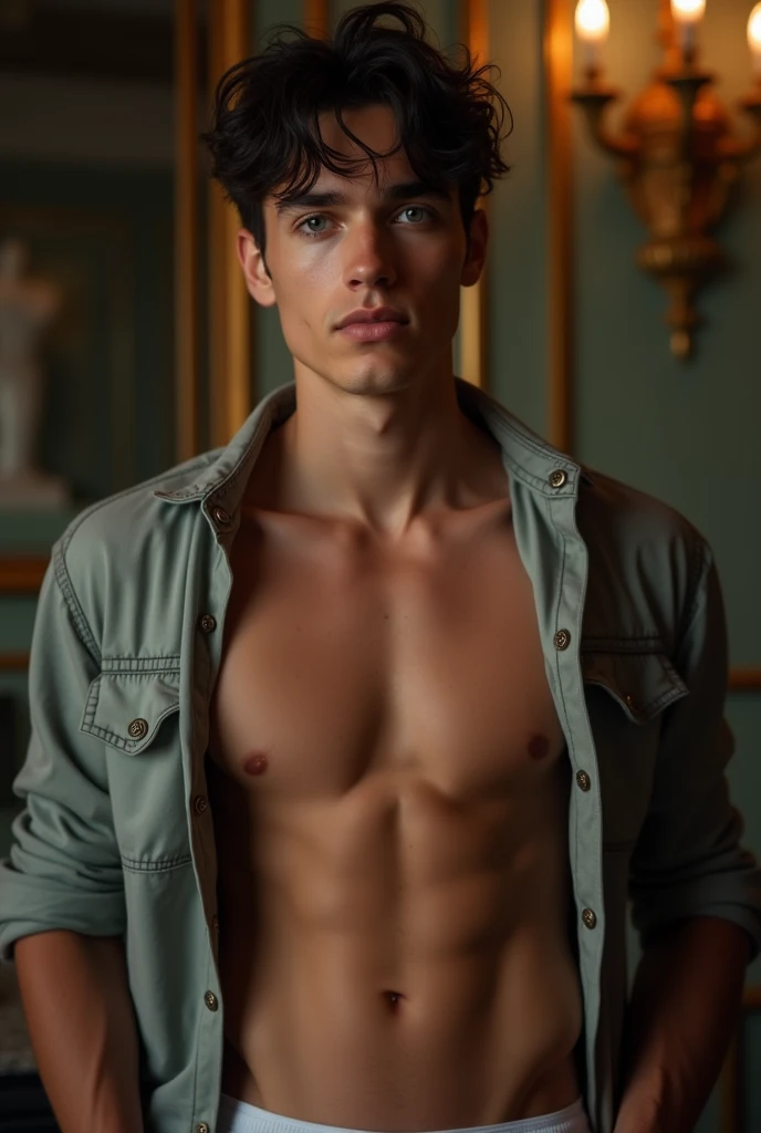 Portrait of a handsome male model, 22 years old, Shirtless, barechested, No beard, with black messy wavy hair, Super light blue eyes, thick lips, defined muscles, Fit, ripped body, Full body shot, Super best detail face, Dermatic Lighting, Dim light, Inside the Regency Palace, Open Shirt, Sexy white underwear
