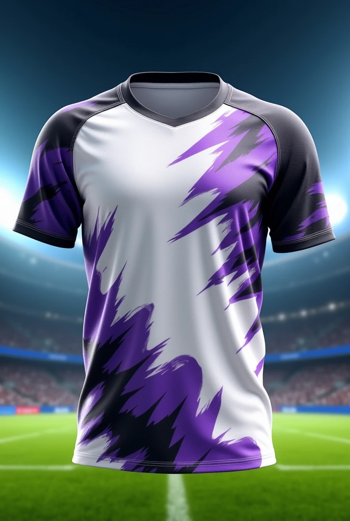 A sports jersey with a white base color and black and purple designs
