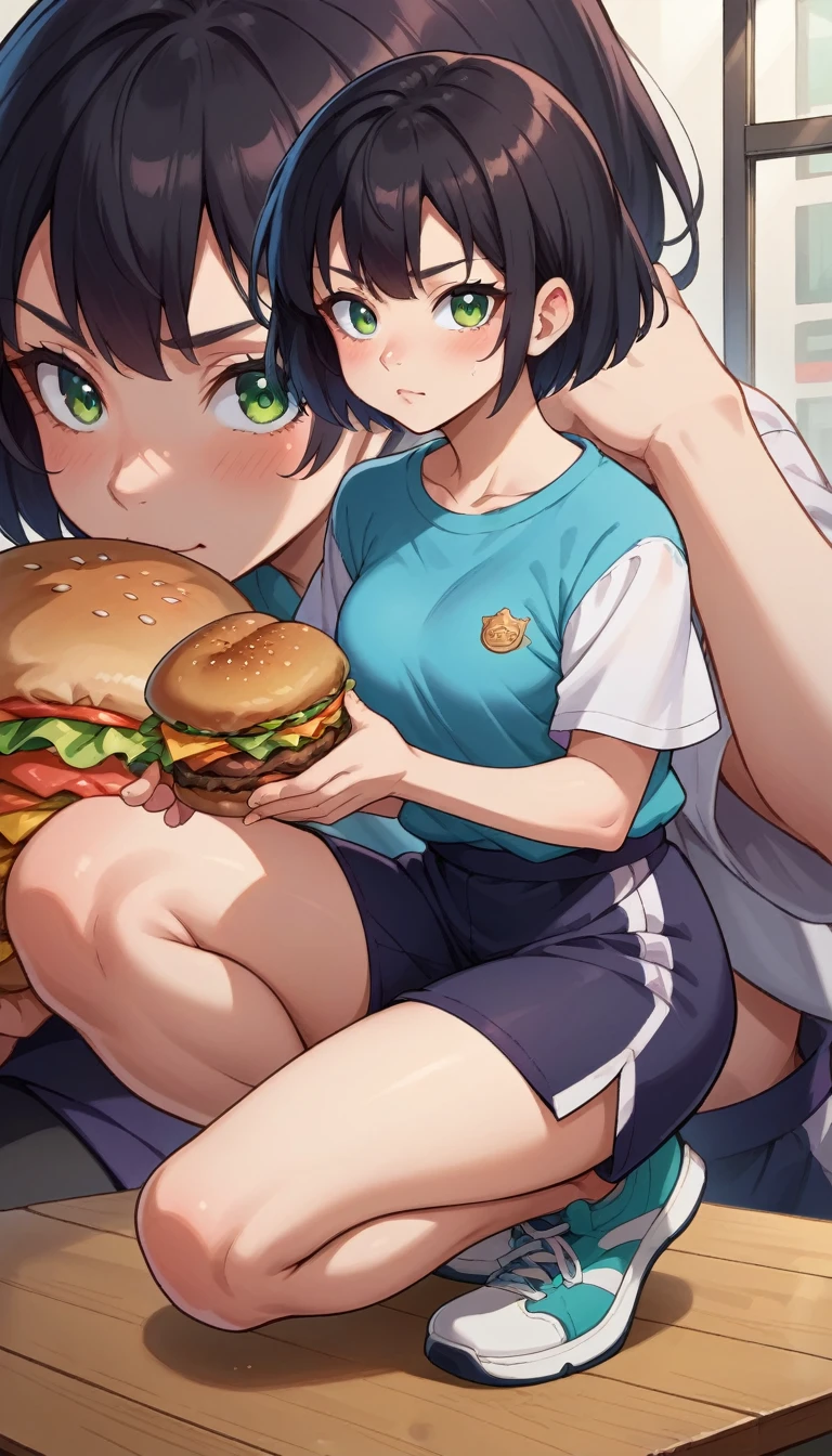 score_9, score_8_up, score_7_up, source_anime, BREAK 1girl, EPopmFubuki, black hair, short hair, green eyes,
full body, zoom layer, on one knee, holding hamburger, holding, hamburger,