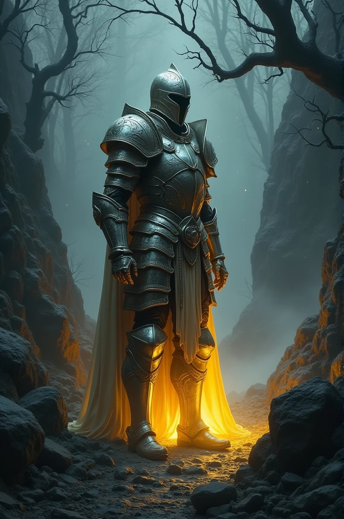 Armored warrior in the dark valley emitting light