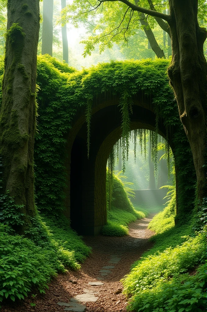 Create an image of a moss wall with a passage covered by hanging vines