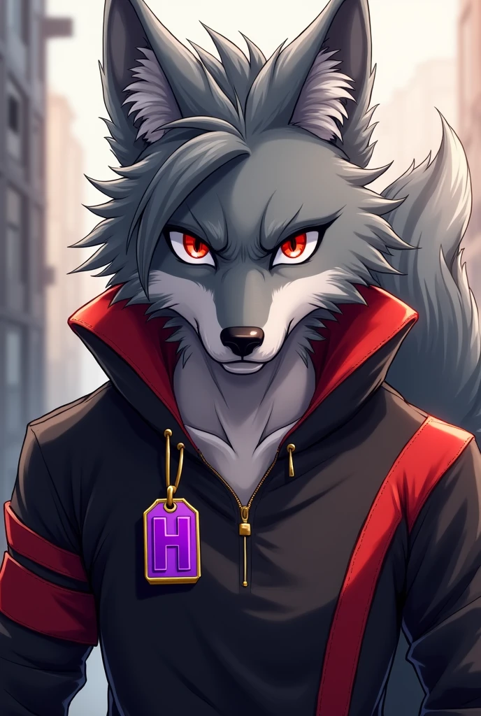 Anime style drawing of a male anthropomorphic wolf furry with gray fur and slightly long, spiky hair, There is a hair passing between the two eyes, has a lot of fur behind, that goes all the way to your back, a bit of your back fur passing over your shoulder and staying in front of your chest, has a serious expression, has red eyes and dark circles, wears a red collar with a gold tag with a purple h symbol printed on it, wears a black and red long sleeve shirt from the chest down.