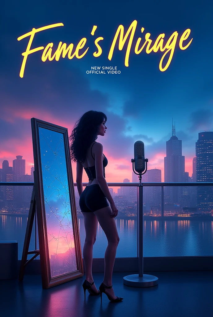 For the YouTube thumbnail and cover of the song “Fame's Mirage,” design a striking urban backdrop with a city skyline at twilight, creating a dramatic and moody atmosphere. In the foreground, feature a realistic, slim, and beautiful female singer with lifelike details, capturing her allure and emotional depth. Her expression should convey a mix of allure and introspection, reflecting the song's themes. Position her near a broken mirror reflecting a bright spotlight, symbolizing the illusion and fleeting nature of fame. Use a color palette of deep blues and purples with bright highlights to enhance the dramatic and emotional tone. Display the title, “Fame's Mirage,” in a bold, modern font, and add a subtitle like “New Single” or “Official Video” in a smaller, stylish typeface. Incorporate elements such as a microphone and musical notes into the cityscape, blending seamlessly with the realistic image of the singer to emphasize the urban and melodic feel of the cover. Sexy Girl