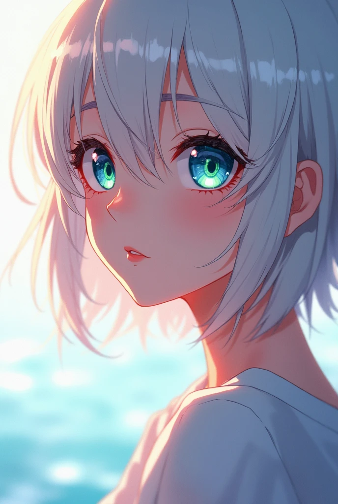 anime style, young adult woman, with one blue eye and one green eye, short white hair.
The face is seen in a close-up. The woman's expression is calm and somewhat enigmatic., with a slight smile that can be distinguished on his lips.